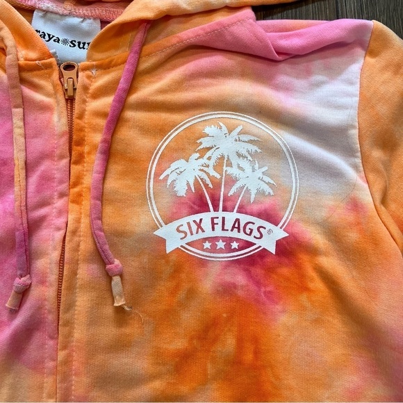 Girls Six Flags Tie Dye Orange Pink Hooded Drawstring Sweatshirt Size L - Picture 3 of 9